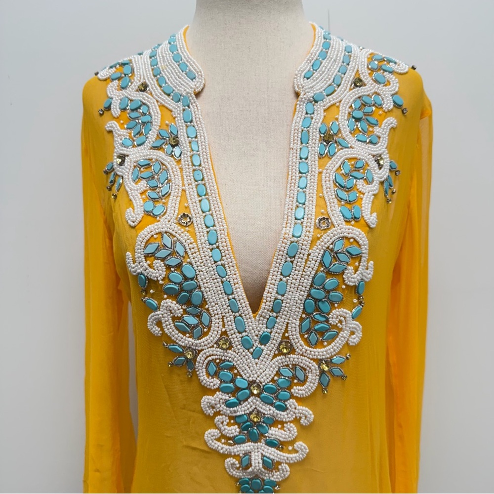 Kareena’s Beaded Tunic Yellow Long Sleeve Coverup Size Medium - Picture 3 of 11
